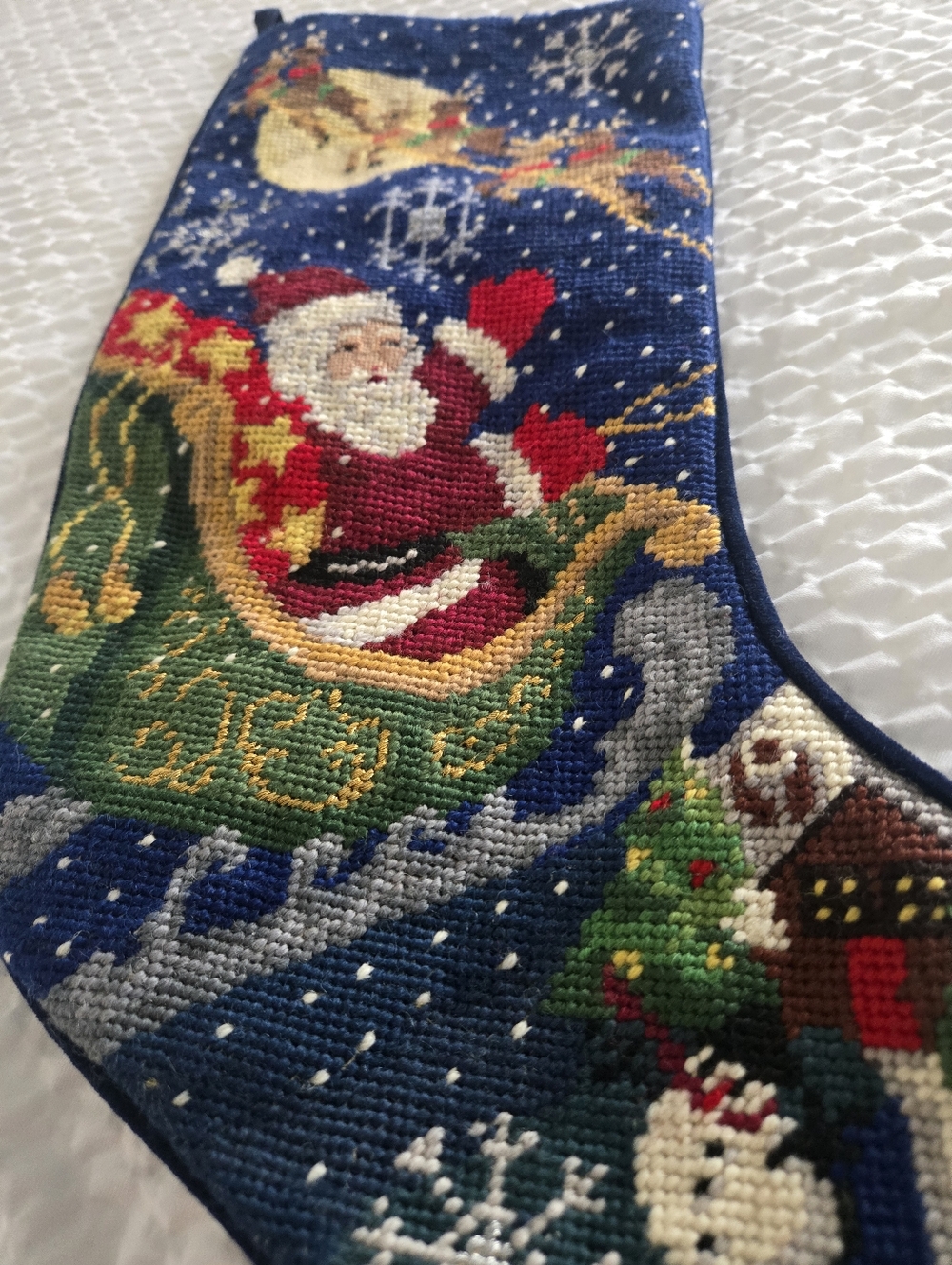 Vintage Needlepoint Christmas Stocking santa and reindeer christmas eve delivery - Picture 6 of 10